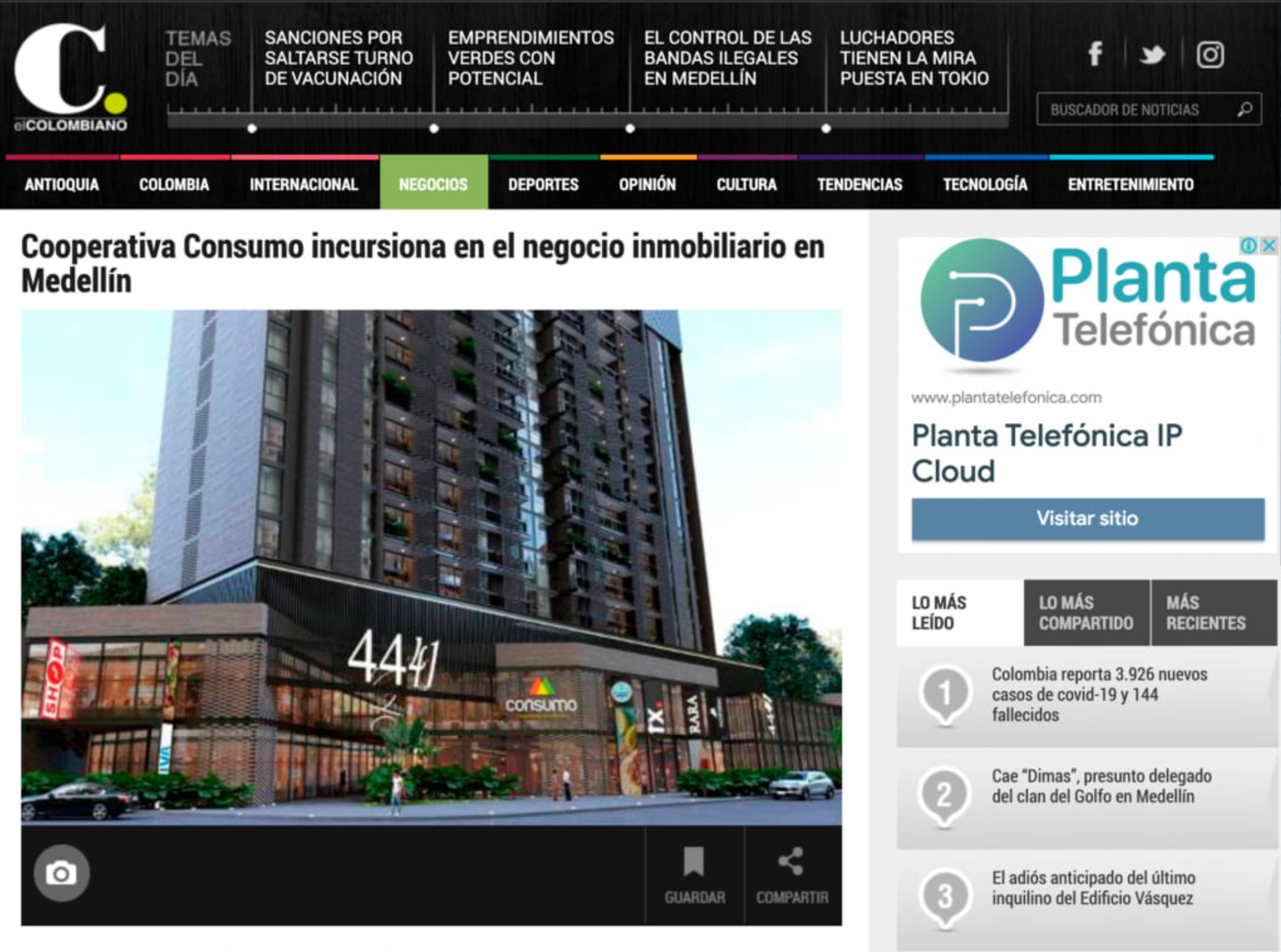 Article in El Colombiano Belén CityM consumer real estate project