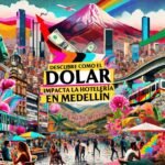 MACCA | DALL-E 2023 12 27 11.27.02 Un collage pour la couverture d'un blog soulignant le titre Découvrez comment le dollar transforme Medellin en paradis touristique du moment. Le collage