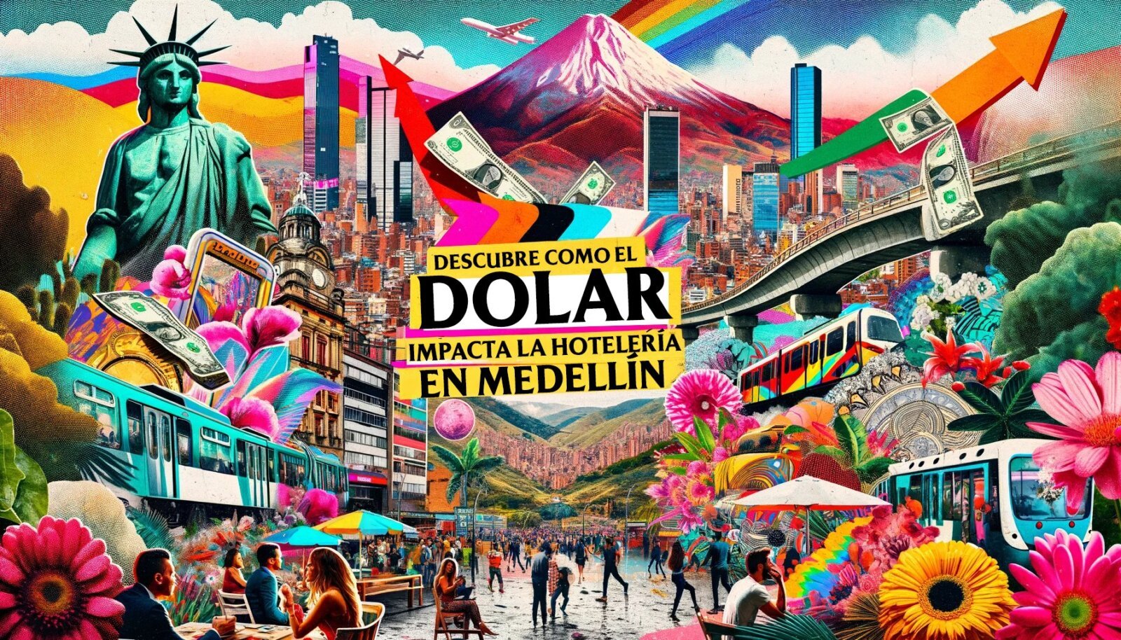 MACCA | DALL-E 2023 12 27 11.27.02 A collage for a blog cover emphasizing the title Descubre Como el Dolar Esta Convirtiendo a Medellin en el Paraiso Turistico del Momento. The collag